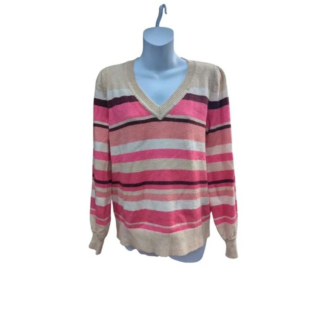 Loft Striped Puffy Shoulder V Neck Sweater Pink Size M